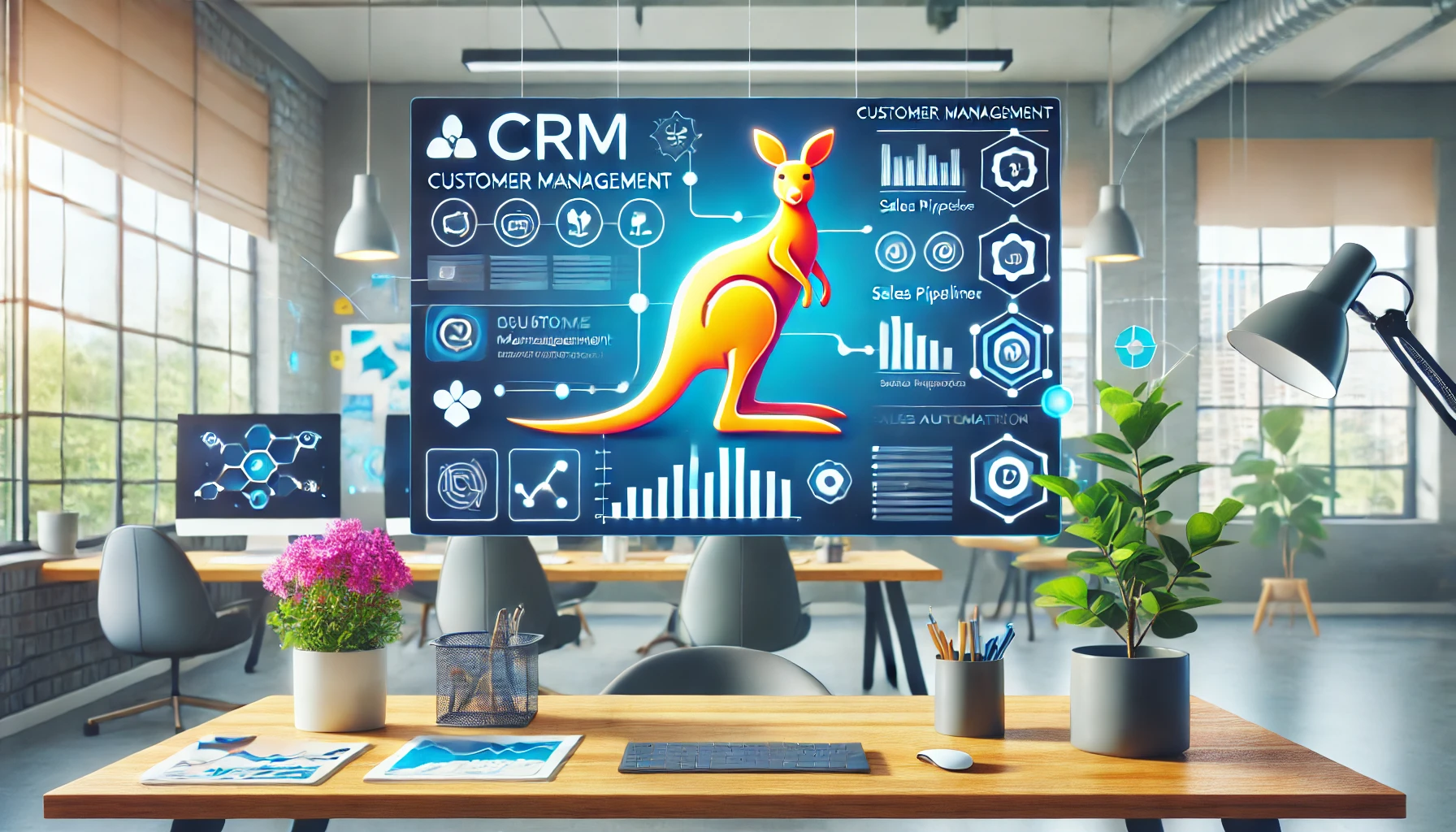 A professional CRM dashboard with a kangaroo icon, featuring customer management tools, sales pipelines, and automation features in a vibrant office setting.