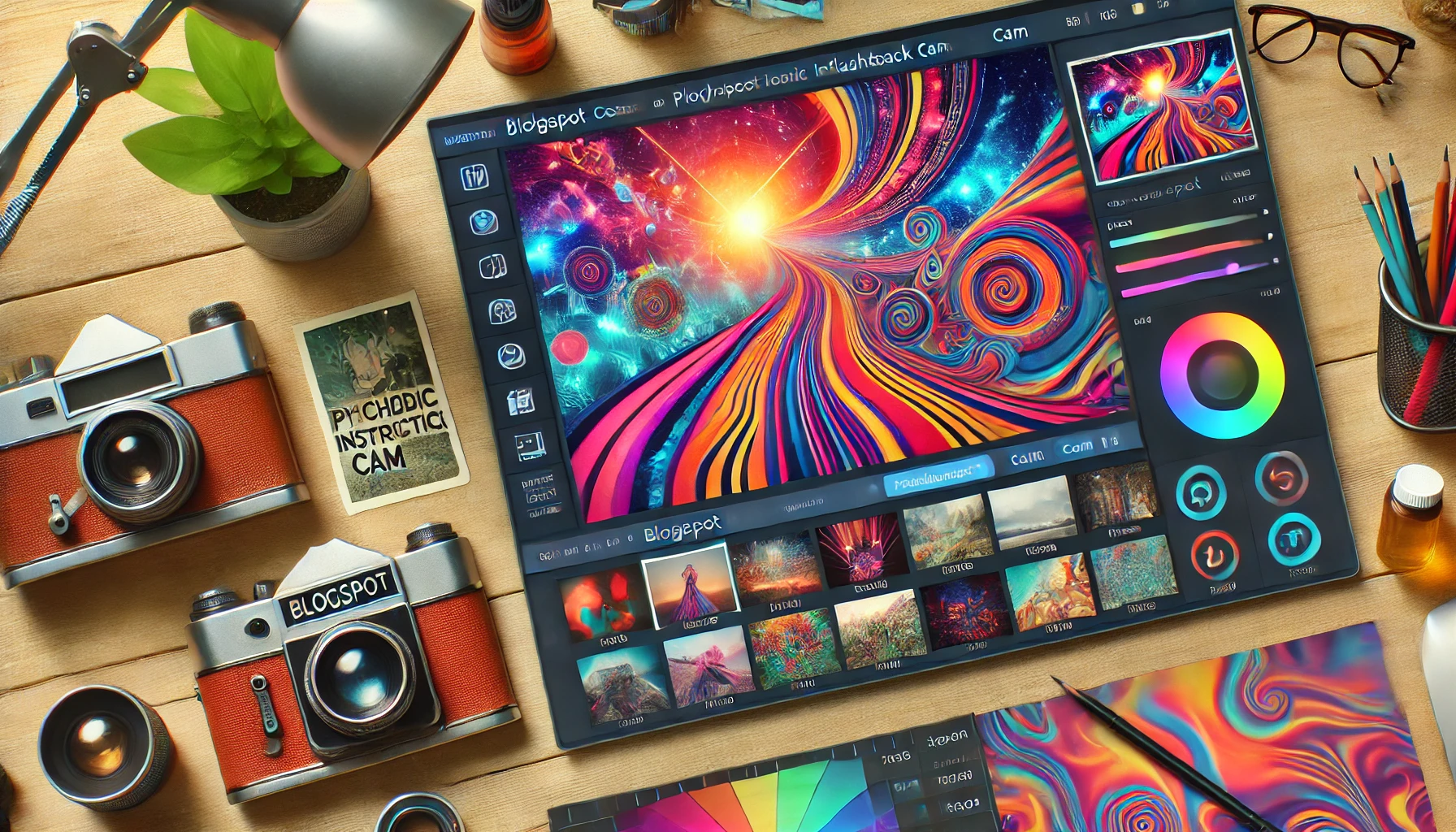 A colorful editing interface showcasing Blogspot Psychedelic Introspective Flashback Cam features, with retro photography and vibrant patterns in a creative workspace.