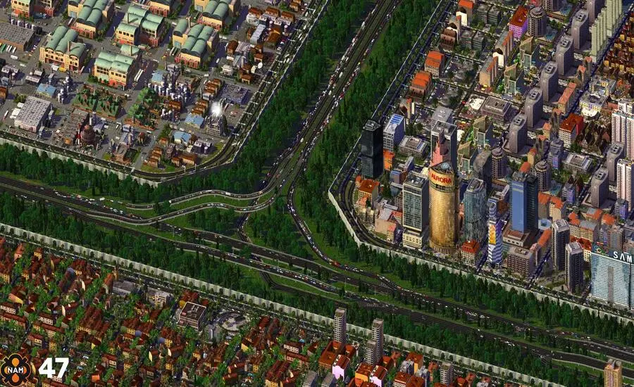 A vibrant cityscape from SimCity, featuring advanced transportation networks with customizable roads and expanded rail systems, showcasing the innovations of NAM 49, in a landscape orientation