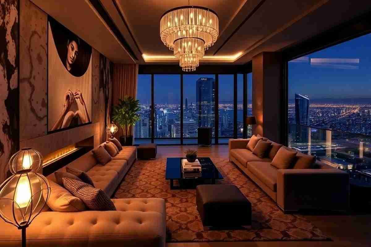 Modern luxury penthouse living room with city views at PenthouseHub