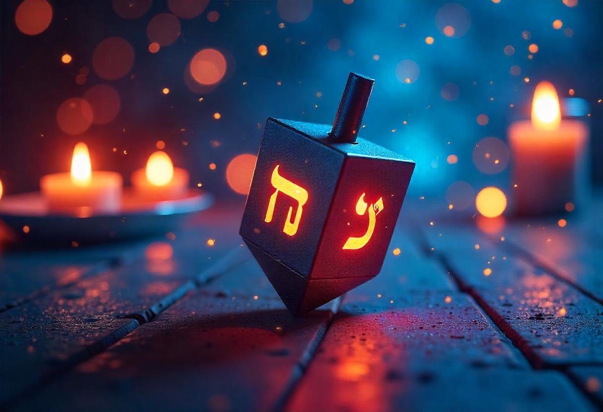 An illustration of Google Dreidel showing a digital dreidel spinning on a colorful background symbolizing Hanukkah.