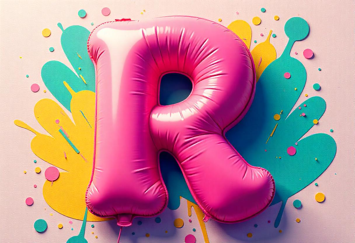 A colorful and inflated bubble letter R with a 3D effect, set against a graffiti-style background with bright, artistic elements.