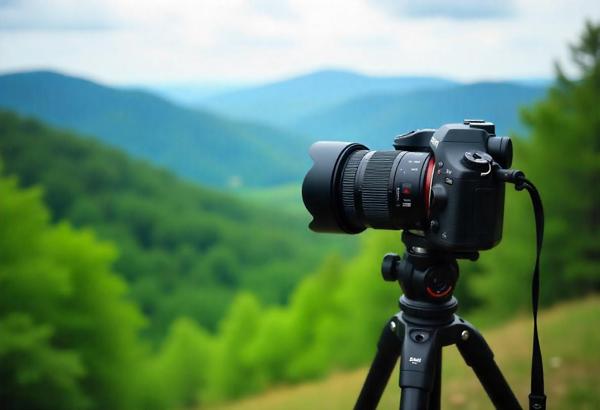 A high-quality Maraca Camera Brand DSLR placed on a tripod, capturing a scenic outdoor view with a blurred background.