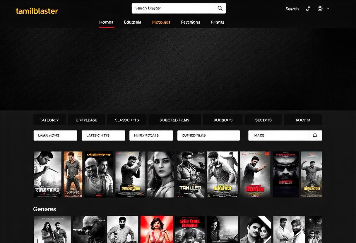 Tamilblaster homepage displaying Tamil movie thumbnails, genre categories, and a search bar for easy navigation.