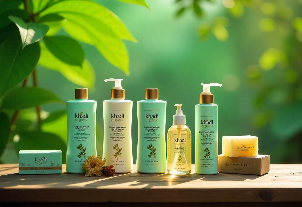 Khadi Organic products including herbal shampoos, soaps, and body oils displayed on a wooden table with a natural backdrop.