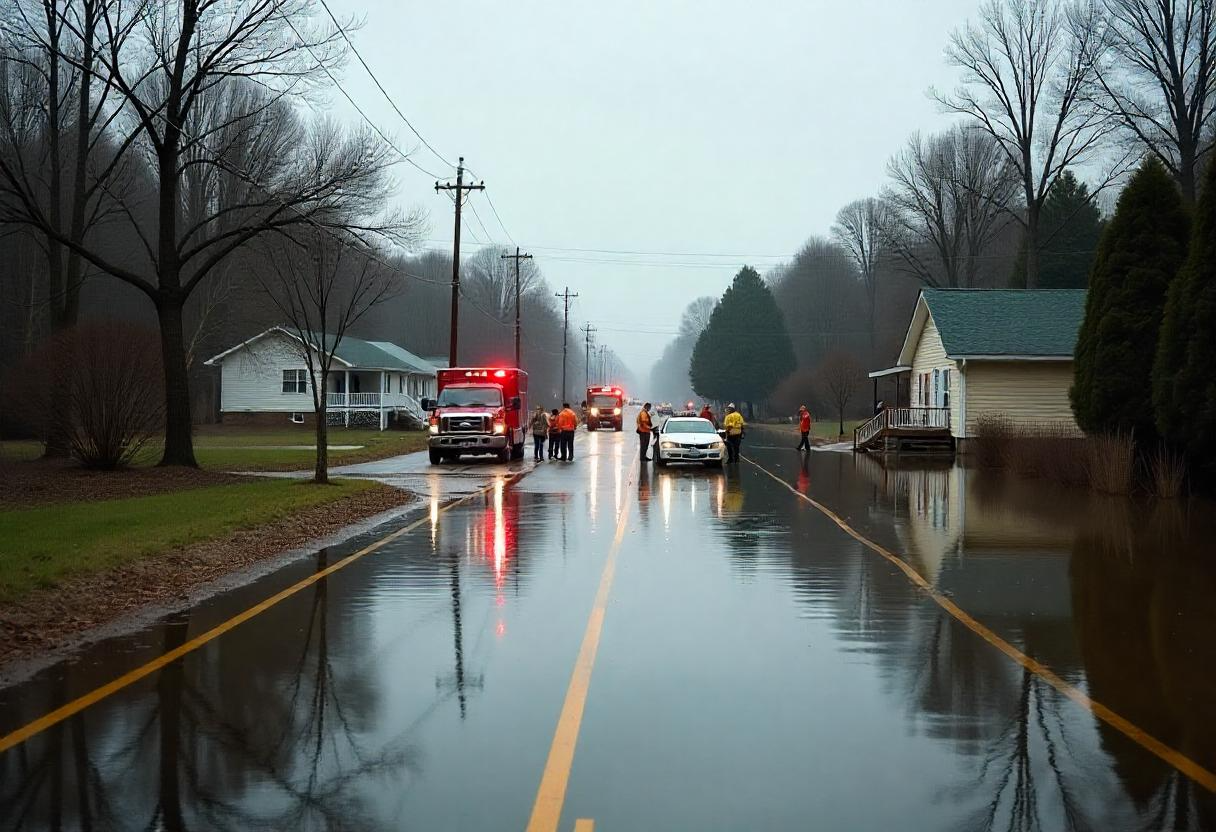 A flooded road in Cocke County, Tennessee, with submerged trees and houses.