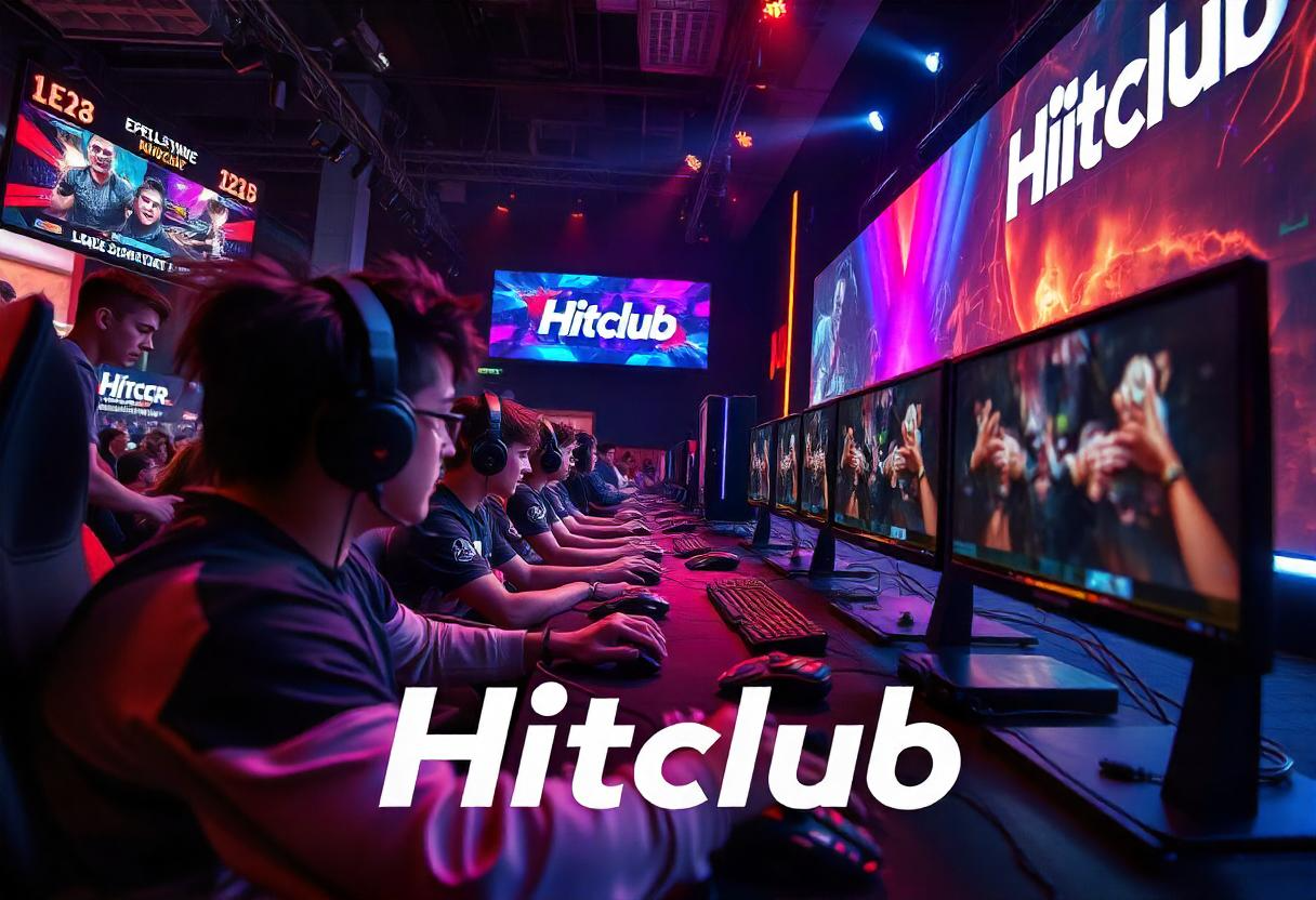 A high-energy gaming arena featuring players competing in an esports tournament, showcasing the vibrant Hitclub community.