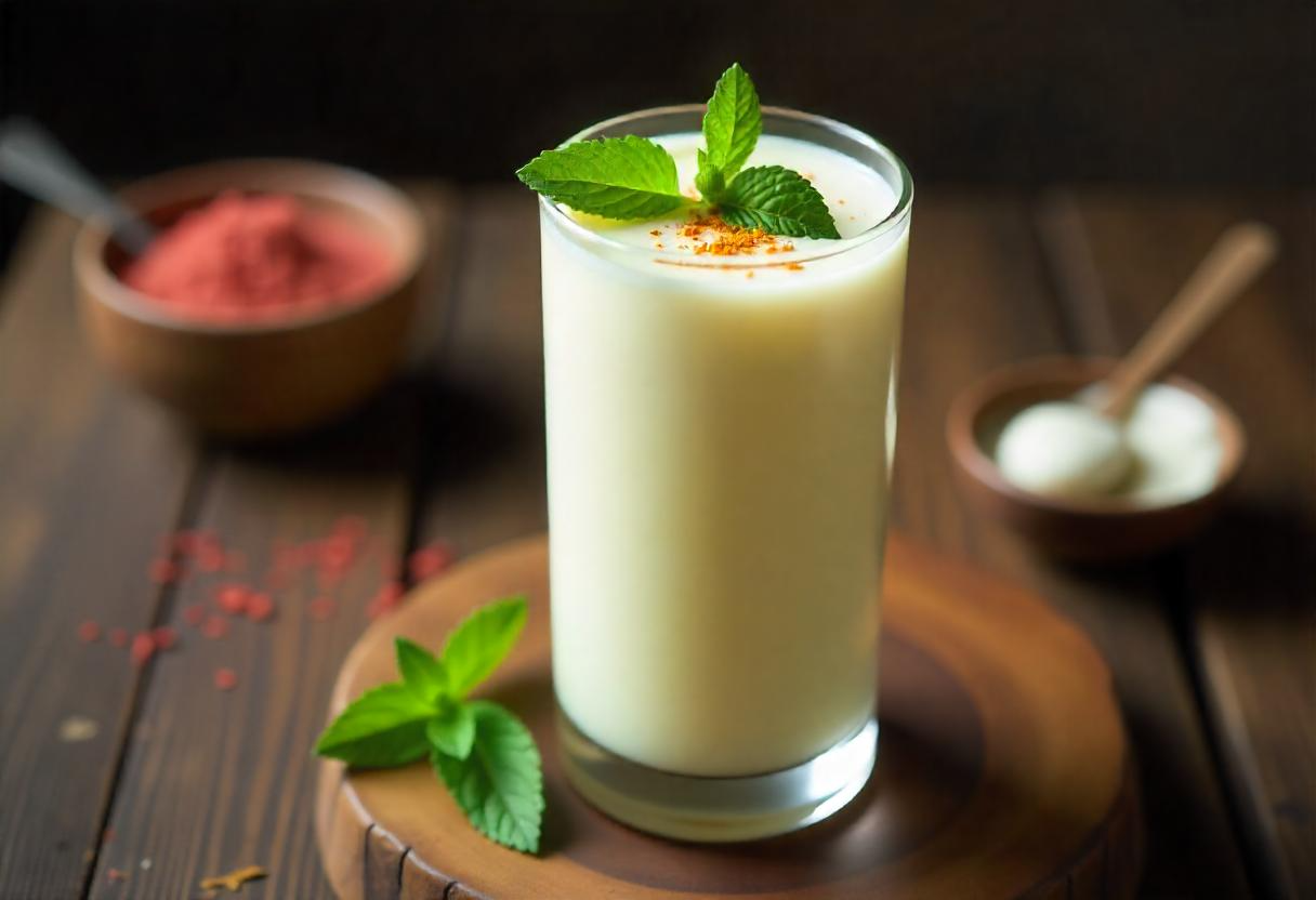 A refreshing glass of traditional lassi garnished with mint leaves.