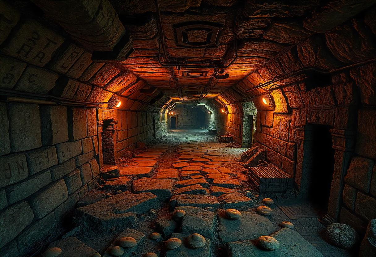 A detailed underground path battle map with winding tunnels, glowing crystals, hidden passageways, and torch-lit corridors.