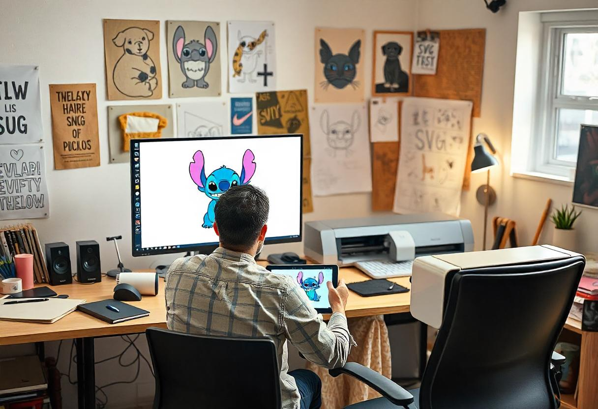 A designer working on a Stitch SVG design at a digital workstation, surrounded by crafting tools and a cutting machine in a creative studio.