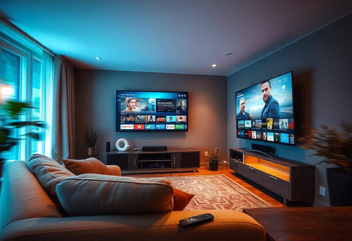 A cozy home theater setup featuring a large flat-screen TV displaying a streaming platform. The dim lighting, comfortable couch, and remote on the table create a relaxing and immersive viewing experience.