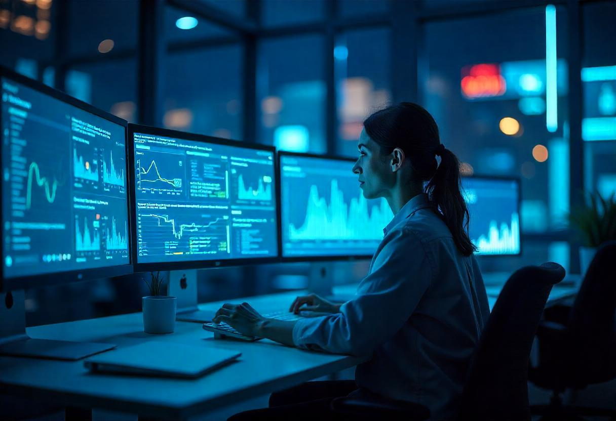 A high-tech digital workspace with multiple screens showing analytics and social media dashboards, illuminated by blue neon lighting.